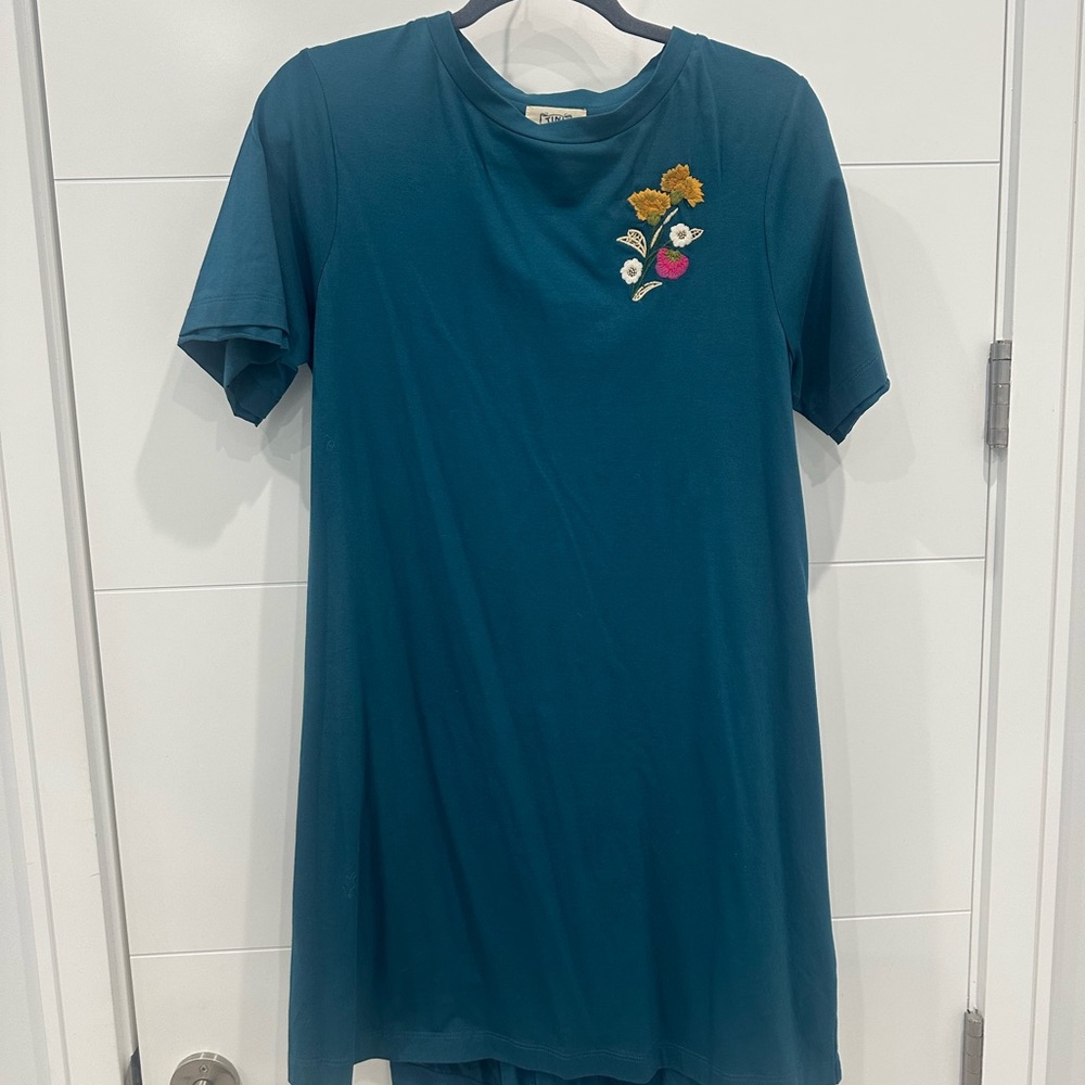 Anthropologie Teal Dress with Floral Embroidery